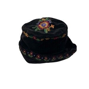 Vintage 90s Velvet Like Floral Embroidered Bucket Hat Folded Brim Women's
